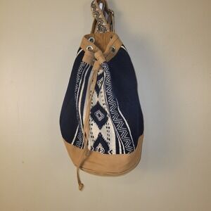 World Market Canvas Drawstring Backpack Tribal Boho Navy Tan Bucket Bag